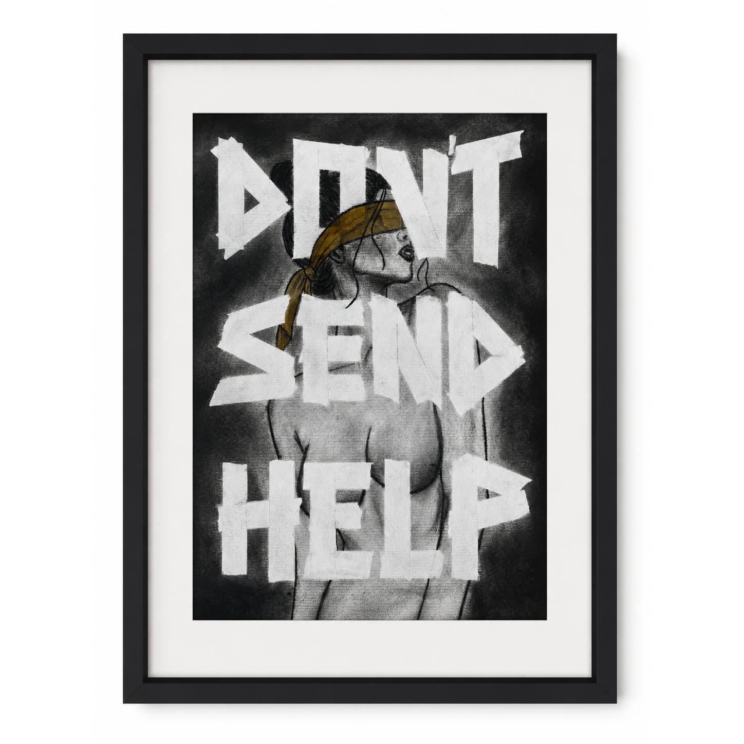 Original mixed media artwork titled She Needed Nothing by Jennie Hallestam featuring a blindfolded woman in charcoal with bol