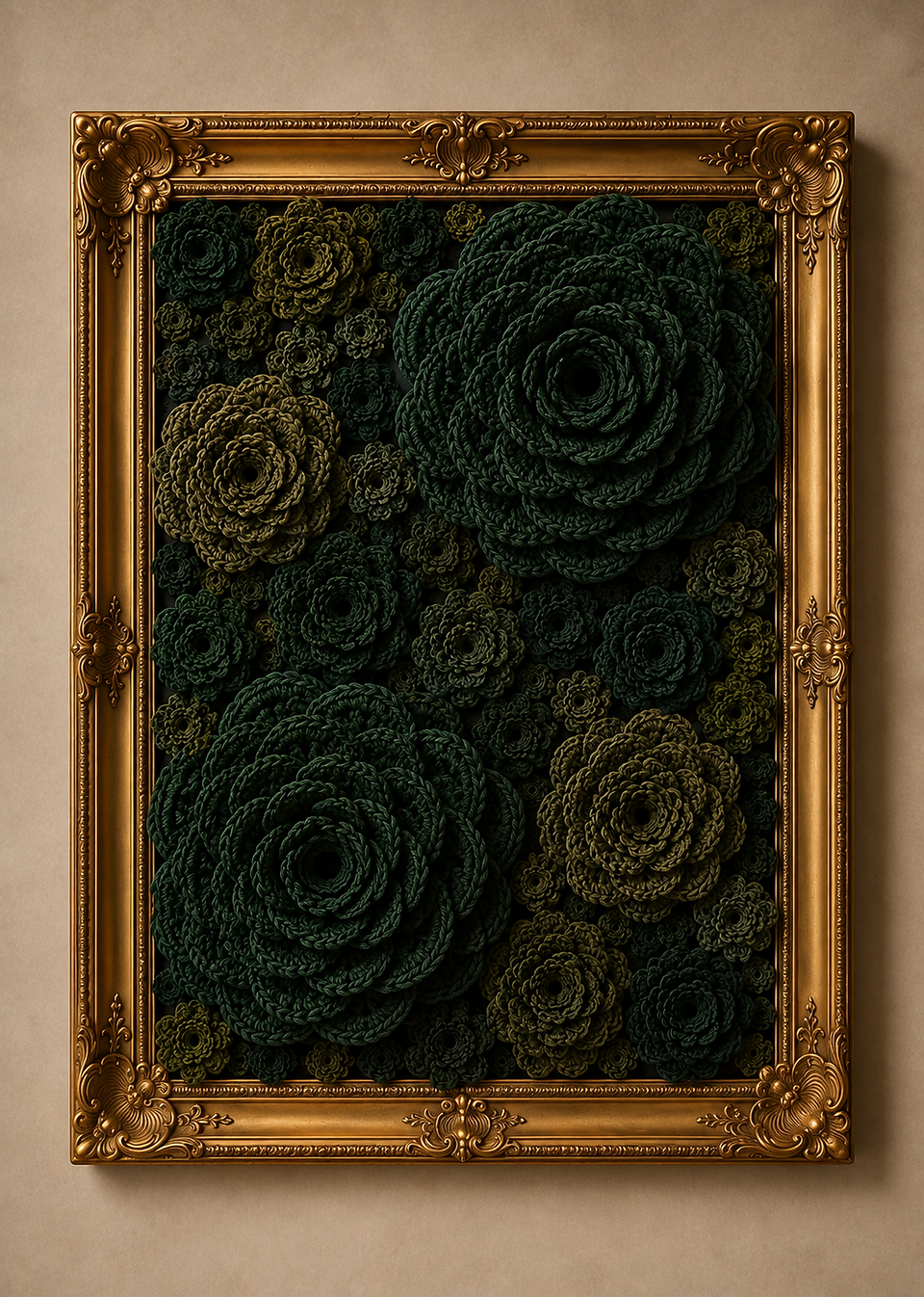 Custom sculptural textile art commission featuring individually handcrafted crocheted roses.