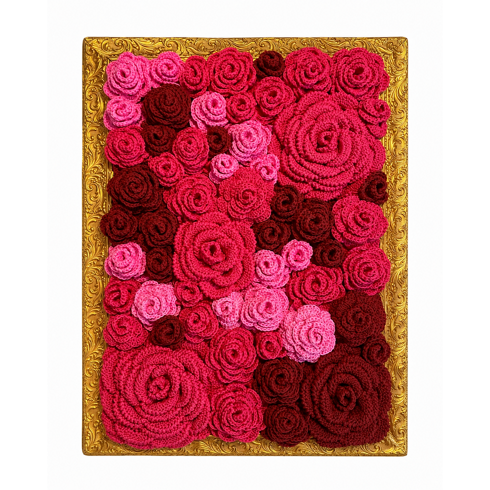 DEVOTION original textile artwork by Jennie Hallestam featuring handcrafted crocheted roses in shades of pink and red within