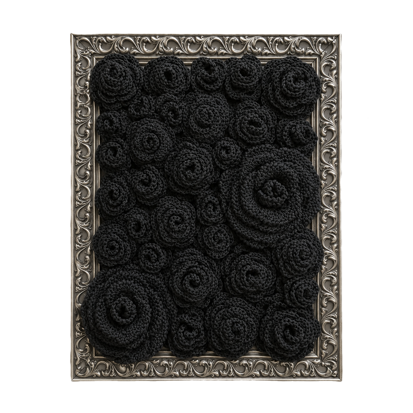 Nocturne textile artwork with black crocheted roses in antique silver frame