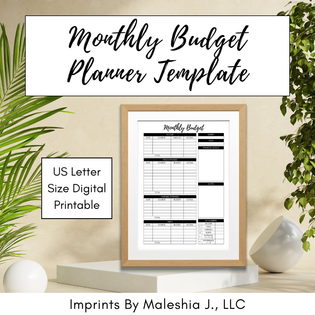 Monthly Budget Planner Sheet with Goals and Notes Printable PDF US Letter