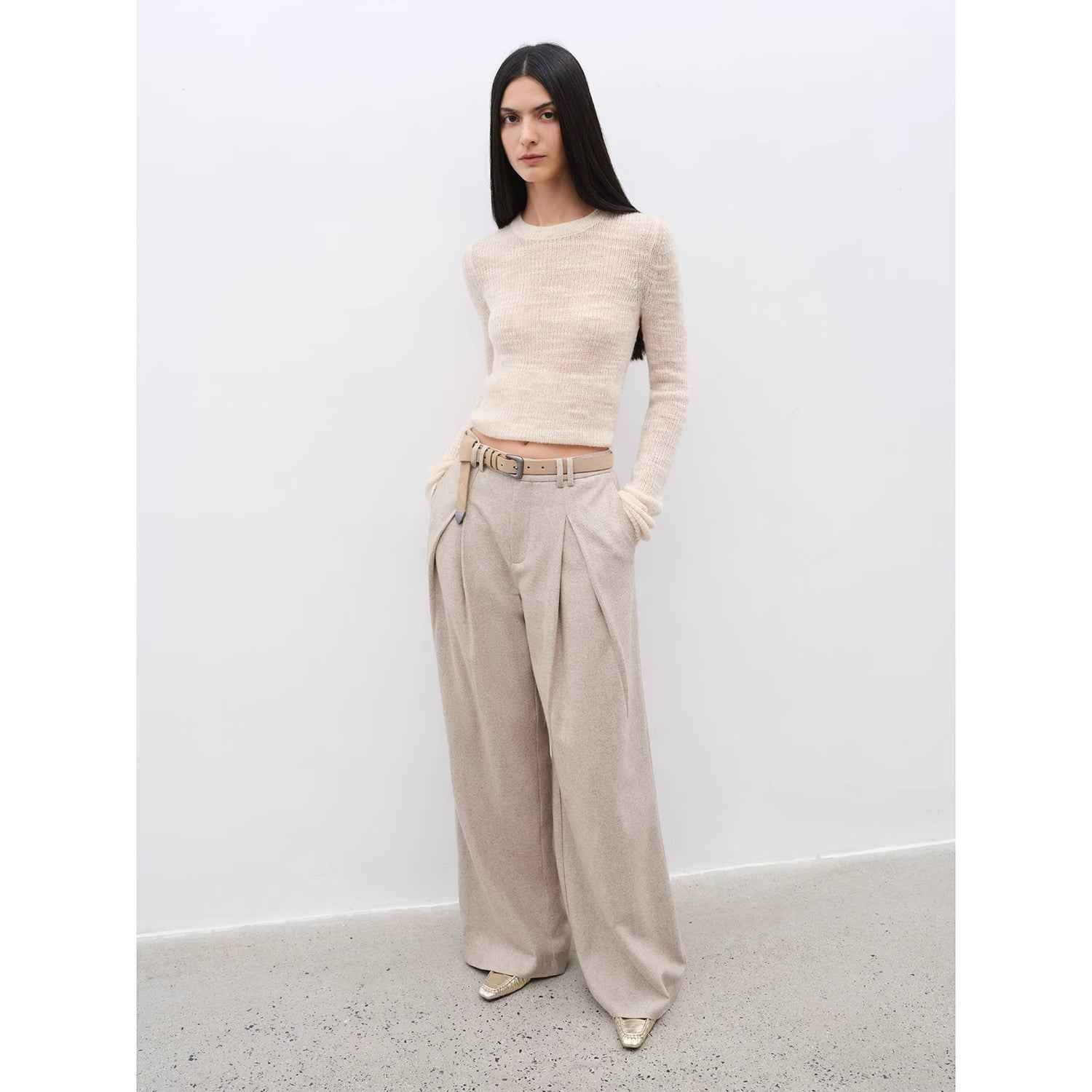 Wool-Blend Double-Pleated Straight Draped Wide-Leg Casual Trousers for Autumn