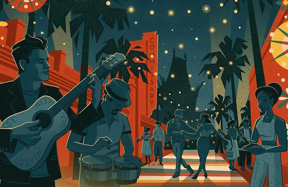 Cartel ilustrado con personas latinas bailando y tocando instrumentos en Hollywood Boulevard
