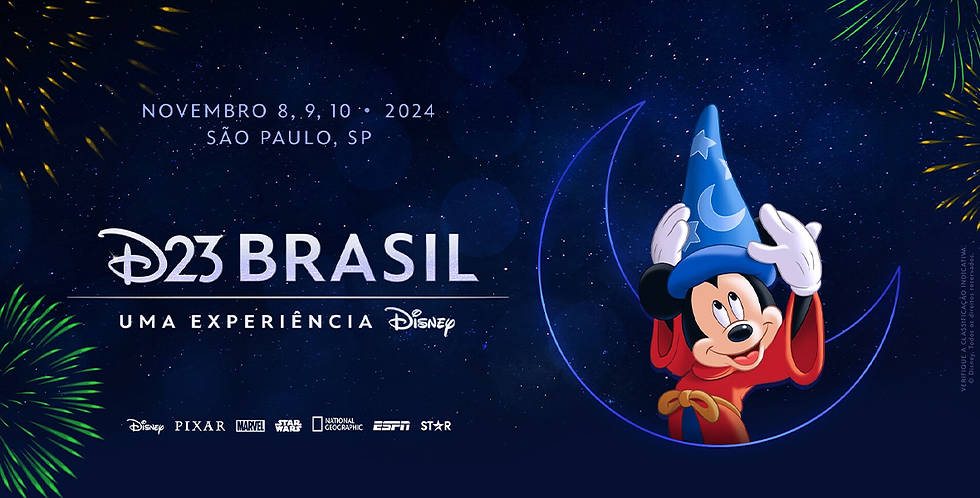 Mickey mago arreglando su gorro en un póster de la D23 Brasil