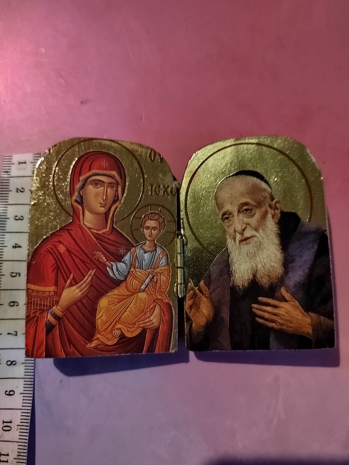Icône religieuse ouvrante en bois – Vierge à l'Enfant et saint moine
