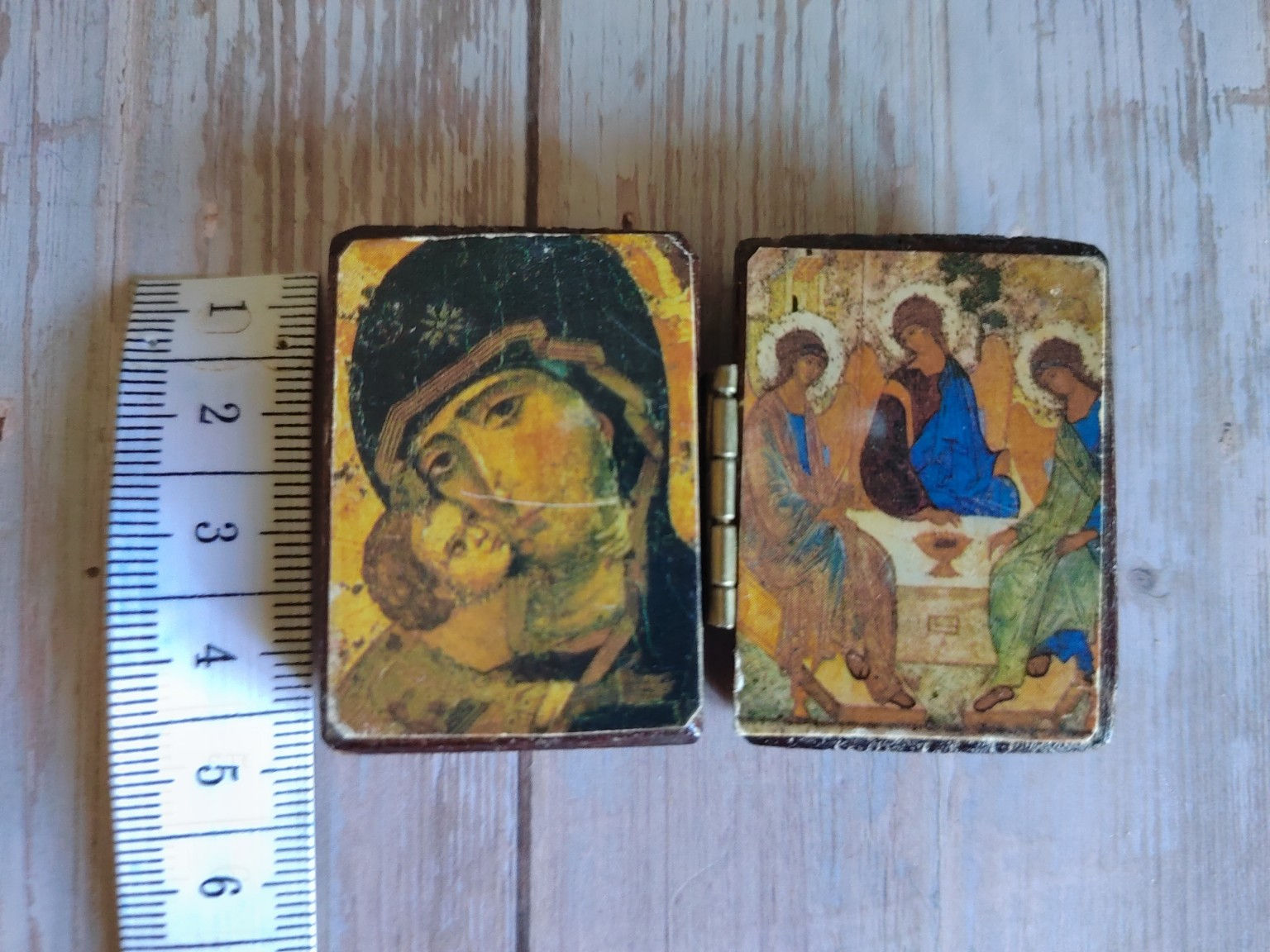 Icône religieuse diptyque vintage – Mini icône russe bois Vierge et Trinité