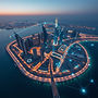 “8-K, ultra-realistic aerial photograph of Doha, Qatar at golden-blue hour (just after sun