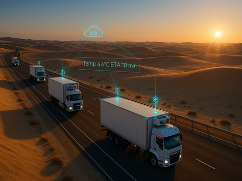 Smart truck with IoT sensors displaying live cargo vitals, location, fuel, and driver analytics for logistics optimization.