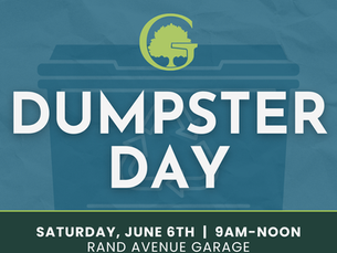 Blue Dumpster Day poster with recycling icon and green logo; text: Saturday, June 6th, 9AM-noon, Rand Avenue Garage