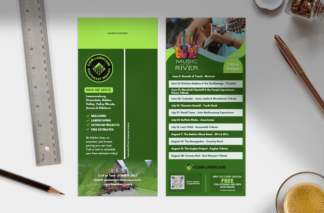 CGM Lawncare Fridge Magnet with Summer Concert Dates on a work station counter top.