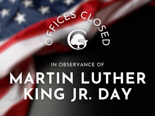 American flag backdrop with text: Offices Closed, In Observance of Martin Luther King Jr. Day. Simple logo present. Patriotic theme.