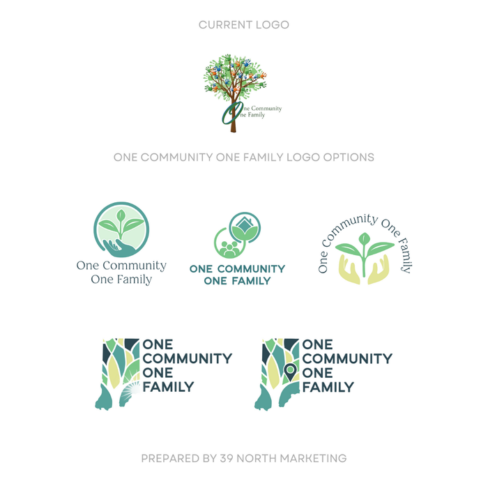 A sheet of different logo concepts for One Community One Family.