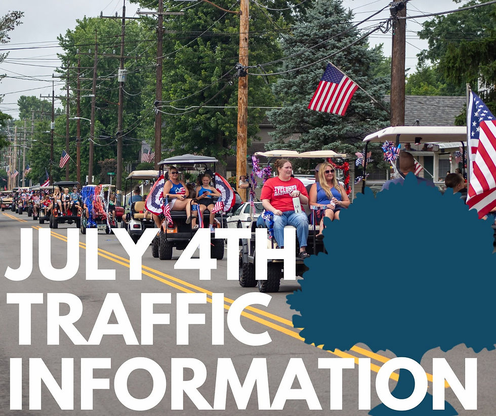 People ride decorated golf carts in a July 4th parade with American flags; large text reads JULY 4TH TRAFFIC INFORMATION.