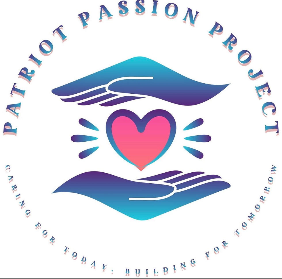Logo with two blue hands cradling a pink heart, ringed by the text PATRIOT PASSION PROJECT and Building for Tomorrow.