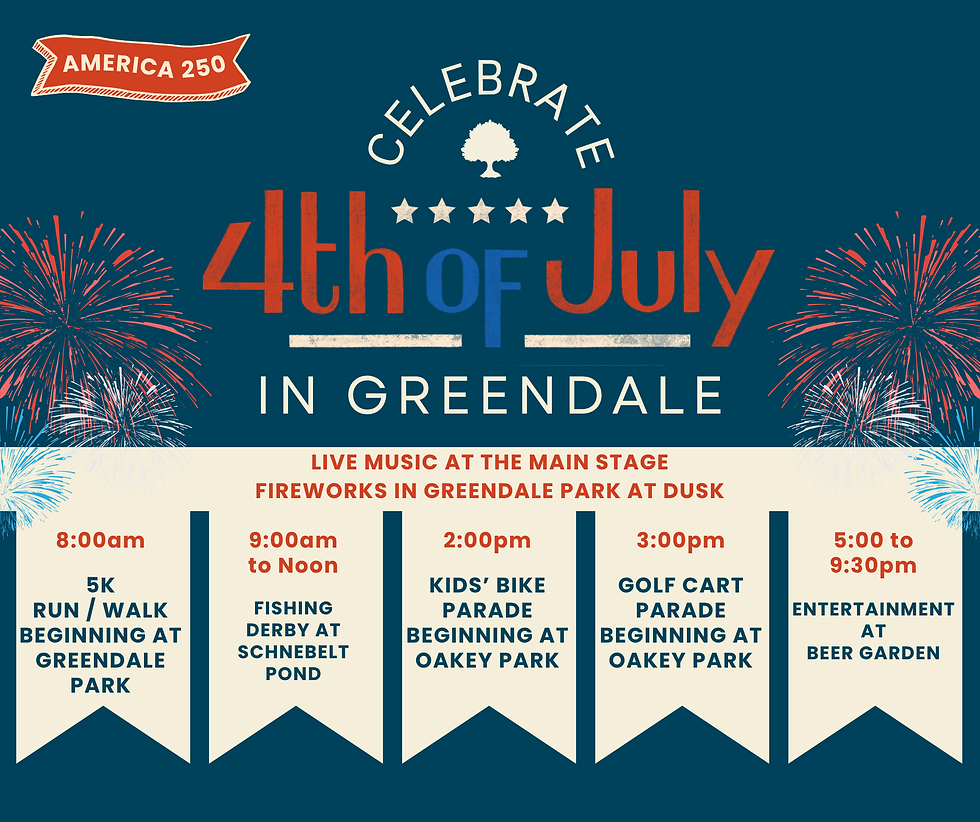America 250 poster for Celebrate 4th of July in Greendale, with fireworks, live music, and event times on a blue background.