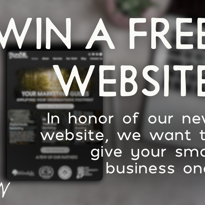 "Win A Free Website! In honor of our new website, we want to give your small business one!" overlayed on top of a photo of 39 North Marketing's website on a tablet.
