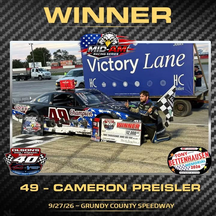 Preisler Prevails in $16,000 purse Mid-Am Showdown at Grundy County Speedway.