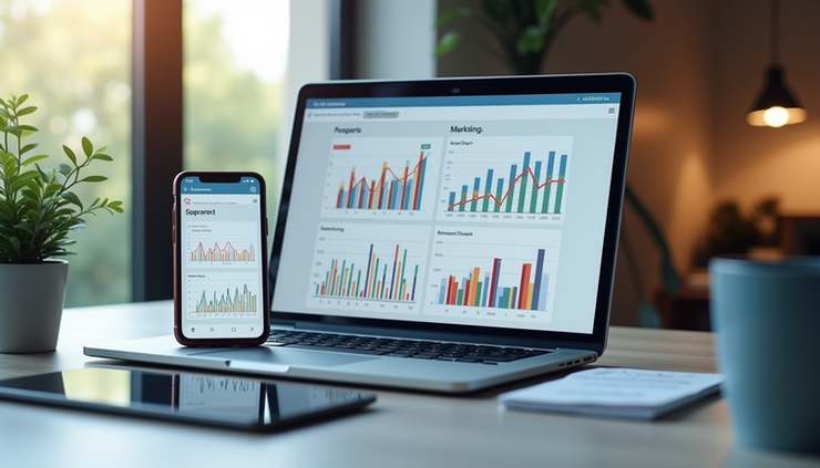 Eye-level view of a modern workspace with multiple digital devices displaying marketing analytics
