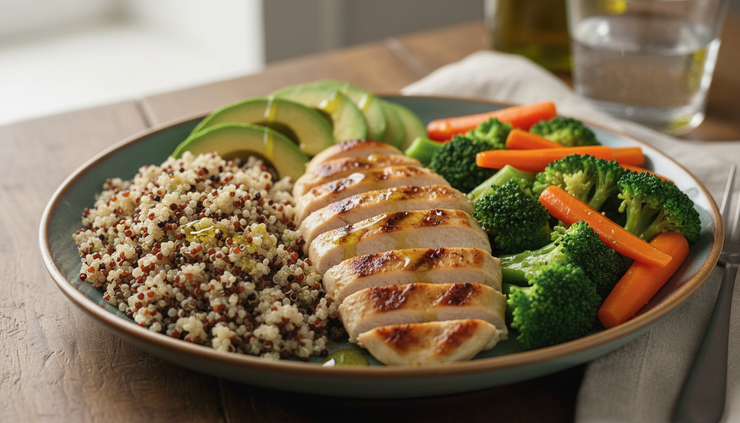 Close-up view of a balanced dinner plate with protein, vegetables, and whole grains