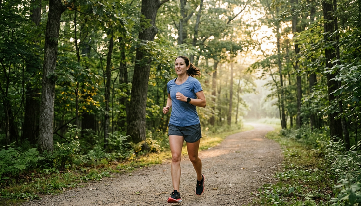 Eye-level view of a runner jogging on a quiet park trail at sunrise