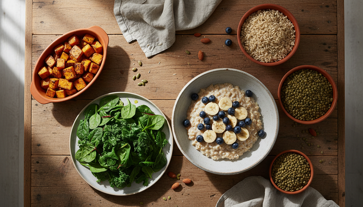 Overhead view of fruit, oats, potatoes, and whole grains on a kitchen table