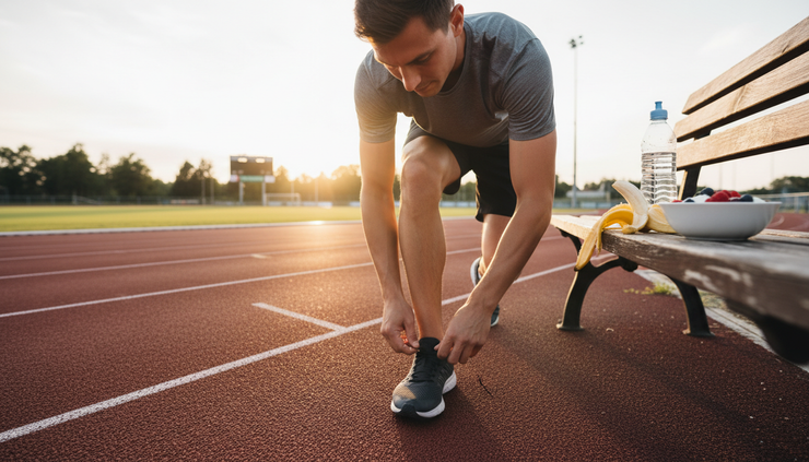 Low-angle view of a runner tying shoes beside a recovery snack on a bench