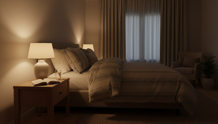 Wide-angle view of a calm bedroom with a glass of water on a nightstand