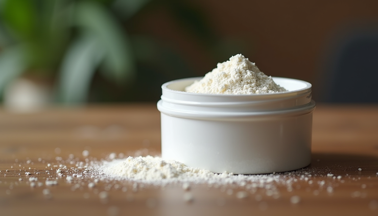 Close-up view of creatine monohydrate powder in a white container