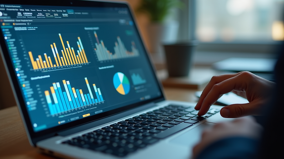 Close-up view of a data analyst reviewing charts on a laptop