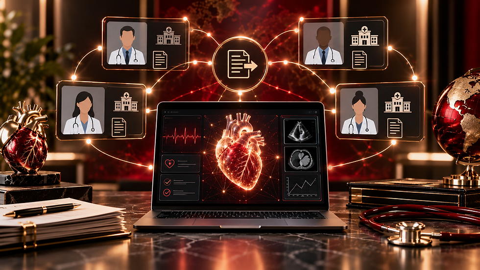 Original crimson and gold cardiovascular network illustration for secure clinical record coordination.