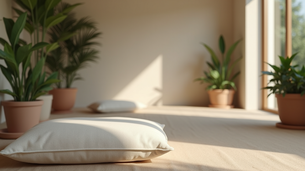 Eye-level view of a serene meditation space with cushions and plants