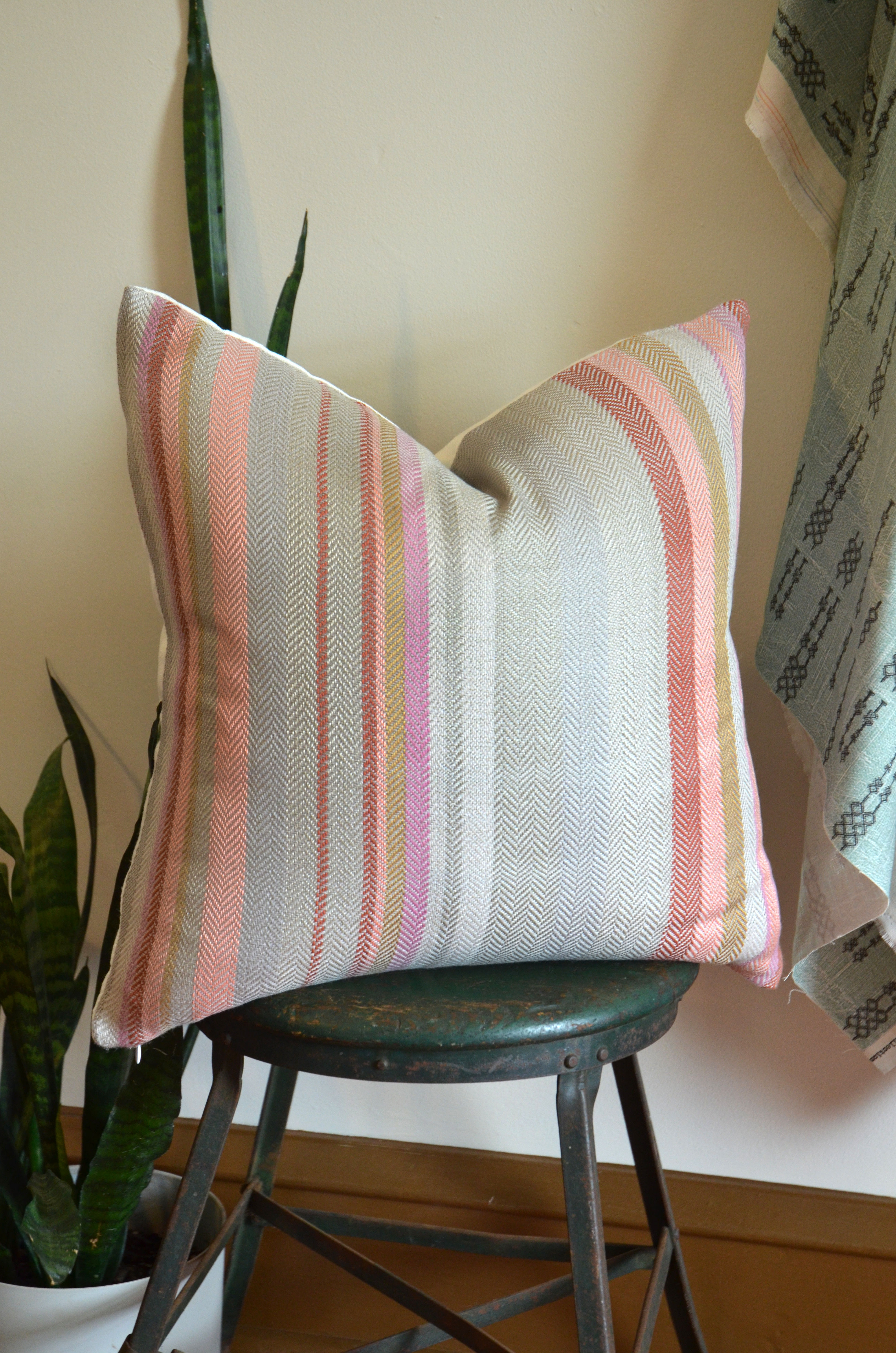 handwoven pink stripe throw pillow