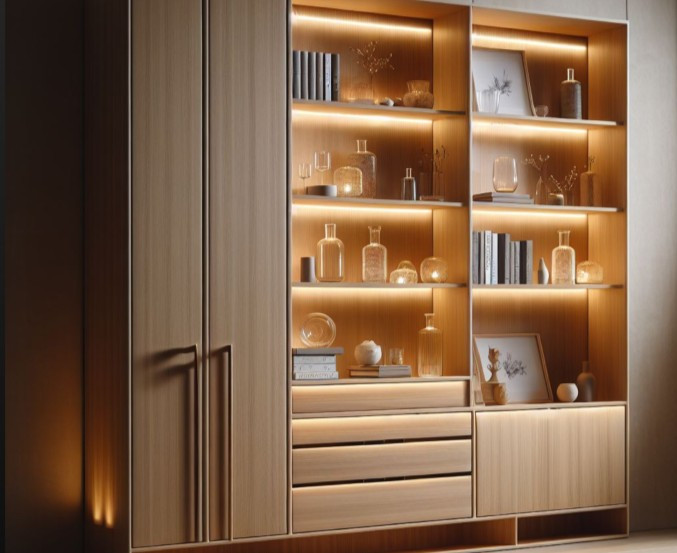 Beleuchtetes Holzregal mit warmweißen LED-Streifen und dekorativen Objekten.