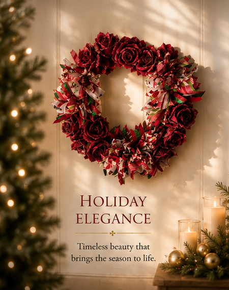 Thumbnail: Sweet Christmas™ luxury wreath featuring lush burgundy roses, handcrafted peppermint bows, and festive holiday accents.