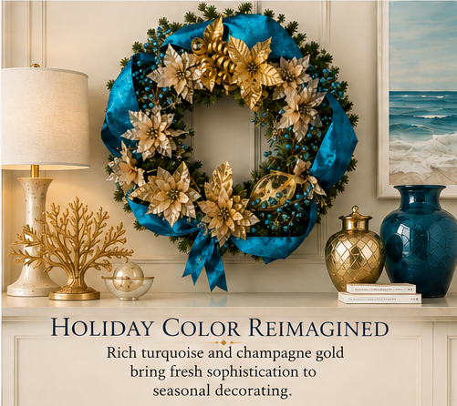 Thumbnail: Turquoise and gold Christmas wreath displayed indoors, adding sophisticated coastal holiday elegance.