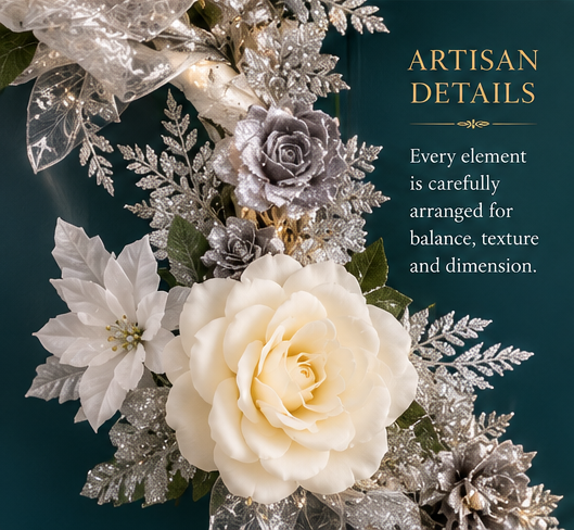 Thumbnail: Close-up of the sheer silver mesh bow on the Silver Serenity Winter Wreath.