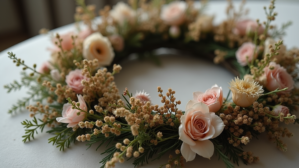 Close-up view of a beautifully crafted floral wreath adorned with dried flowers and greenery