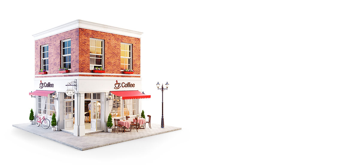3d cafe shop image  with a sign and awning