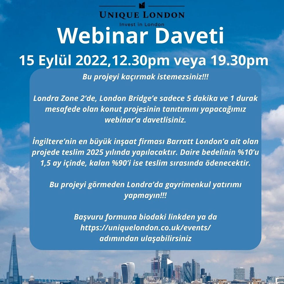 Londra gökdelen manzarası üzerine mavi zeminde Webinar Daveti yazısı.