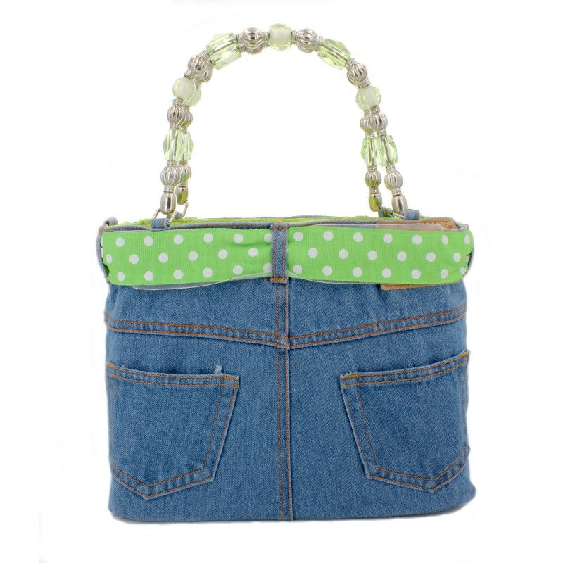 Thumbnail: DENIM JEAN PURSE WITH LIME GREEN POLKA DOTS RIBBON