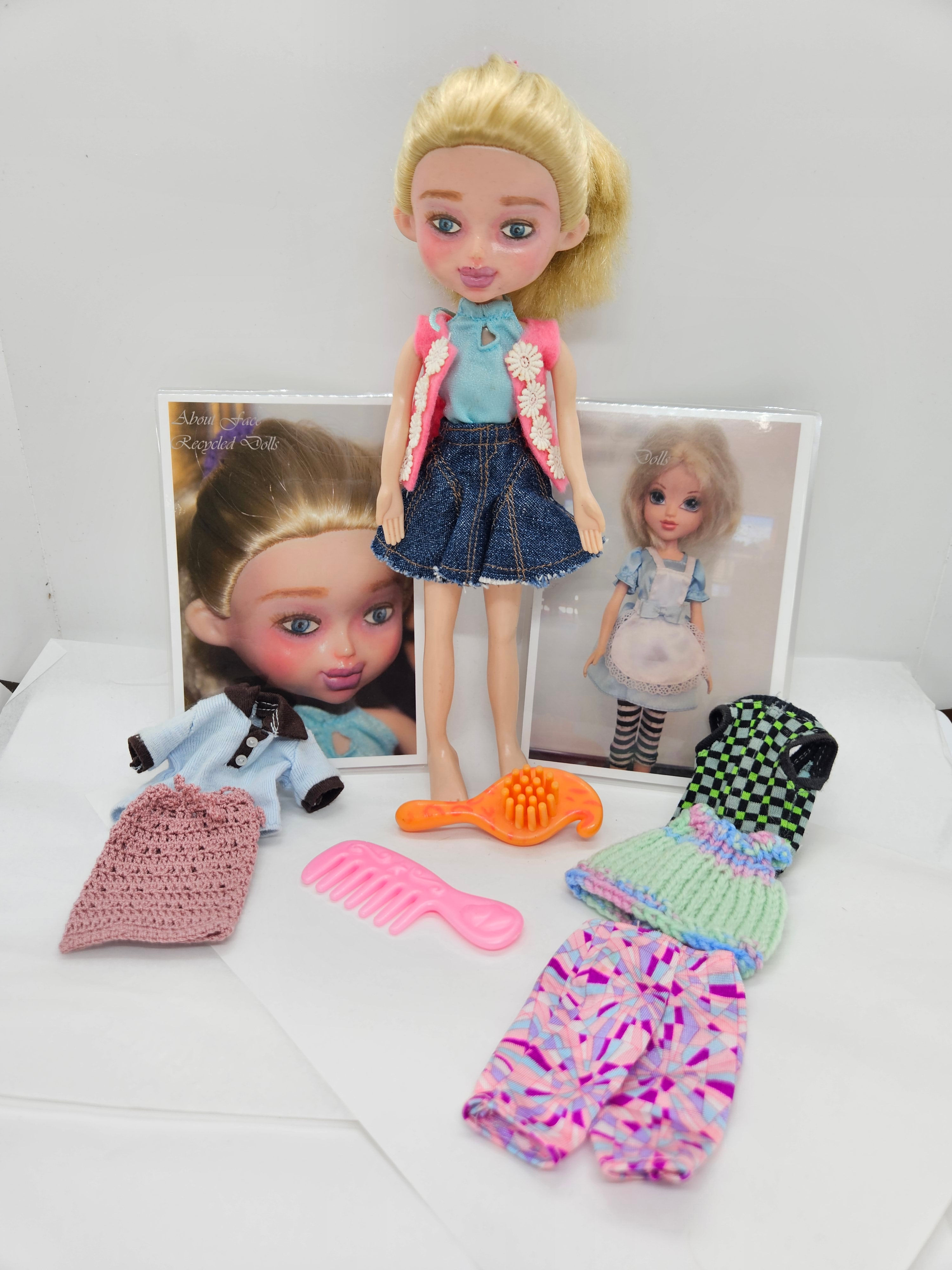 Face Dolls - Doll Blue top and pink vest with denim skirt