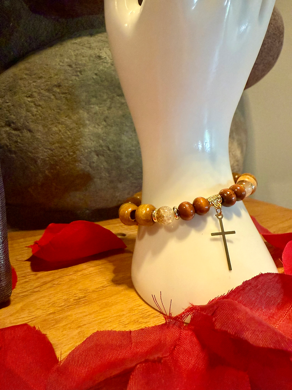 Thumbnail: Wooden & Glass Bead 18k Gold Cross Handmade Bracelet