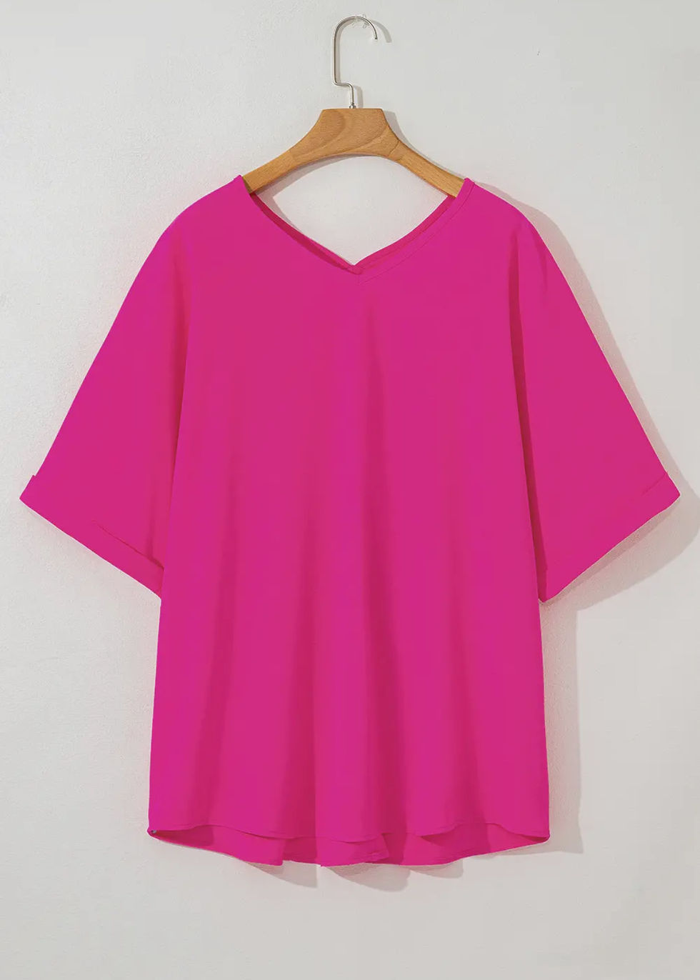 Thumbnail: Bright Pink Seamed Back High Low Hem V-Neck Cuffed Sleeve Plus Size Tee