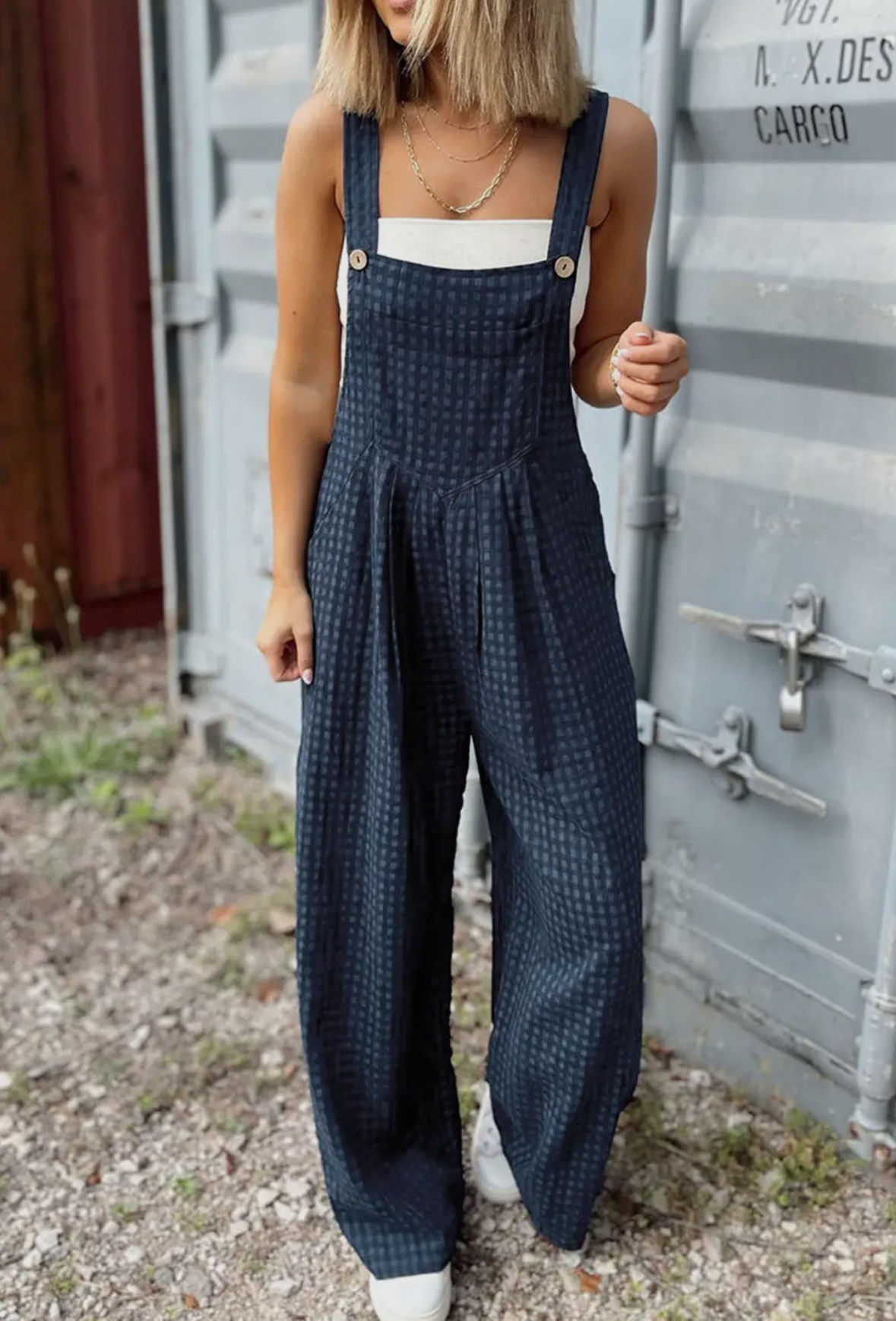 Blue Plaid Print buttoned Pocketed High Waist Overall 