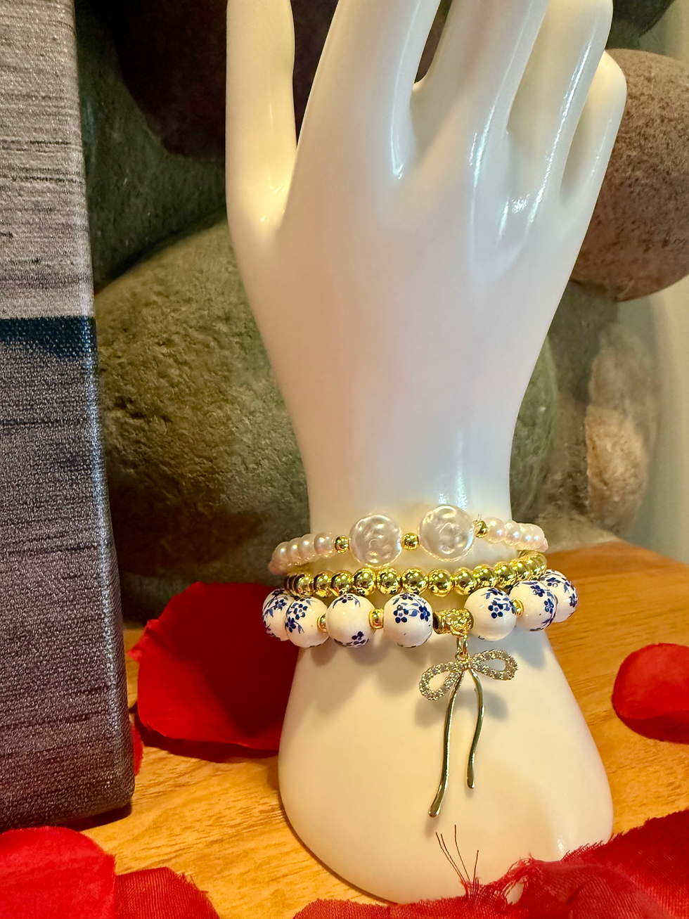 Thumbnail: 18k Gold Genuine Pearl Floral Handmade Bracelet Trio