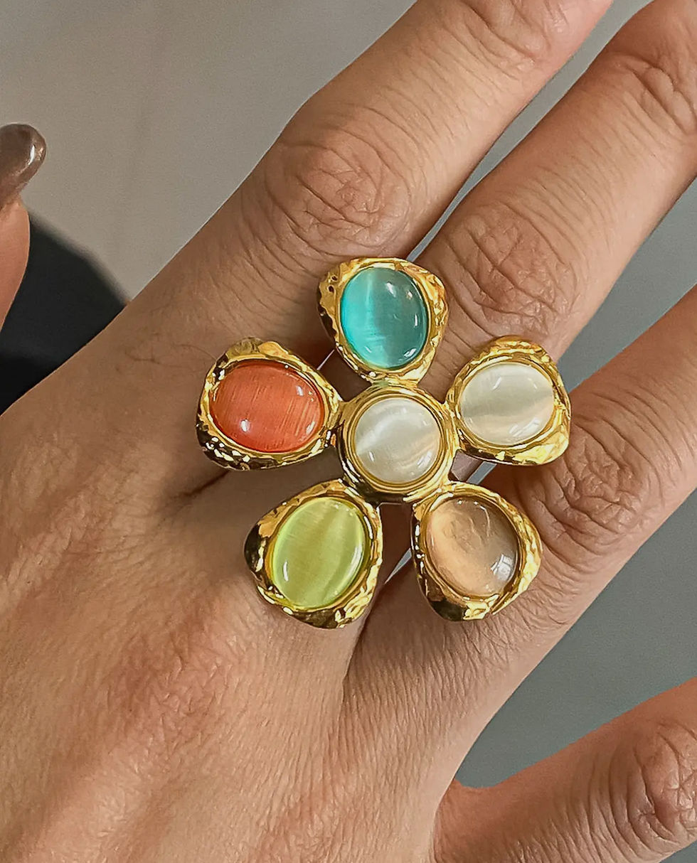 Thumbnail: 18K Gold Stephane Vintage Stone Floral Ring Non-Tarnish