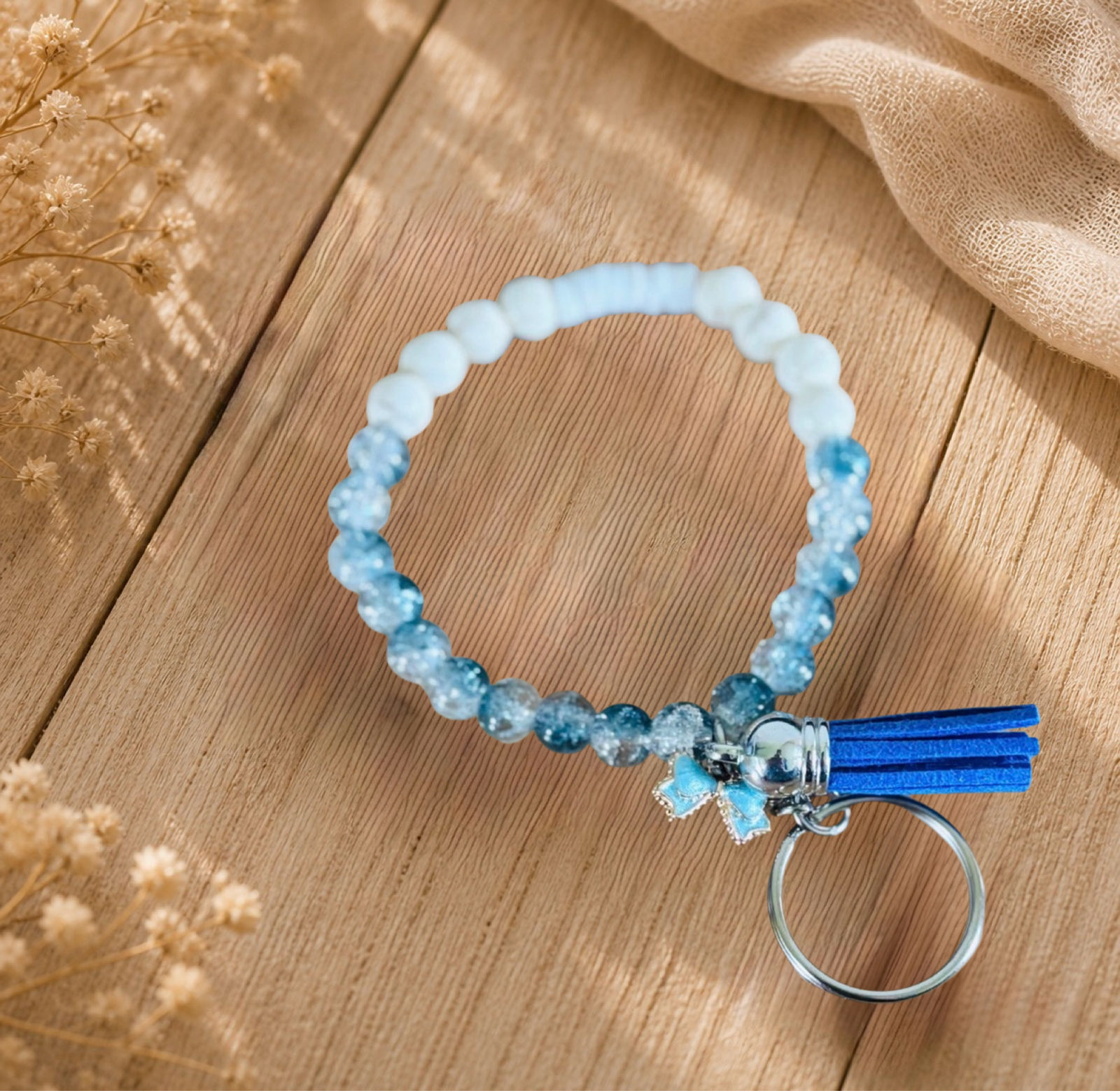 Handmade Blue Gemstone Beaded Wristlet Keychain