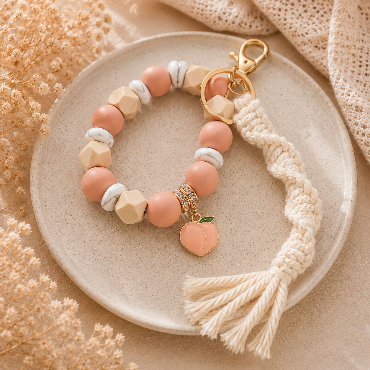 Handmade Boho Praches & Cream Charm Beaded Wristlet Keychain