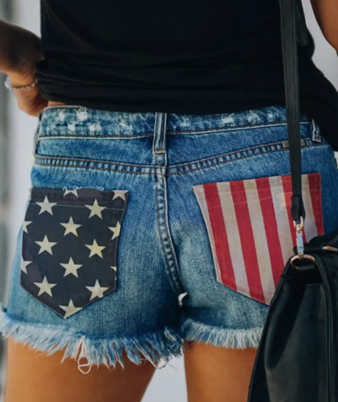 American Flag Distressed Buttoned Denim Shorts