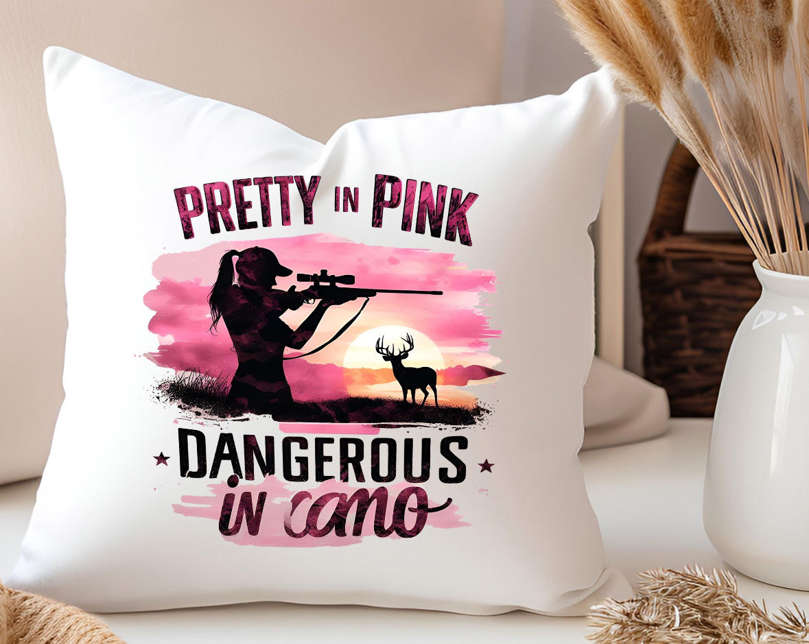 ‘PRETTY IN PINK DANGEROUS IN CAMO’ Throw Pillow